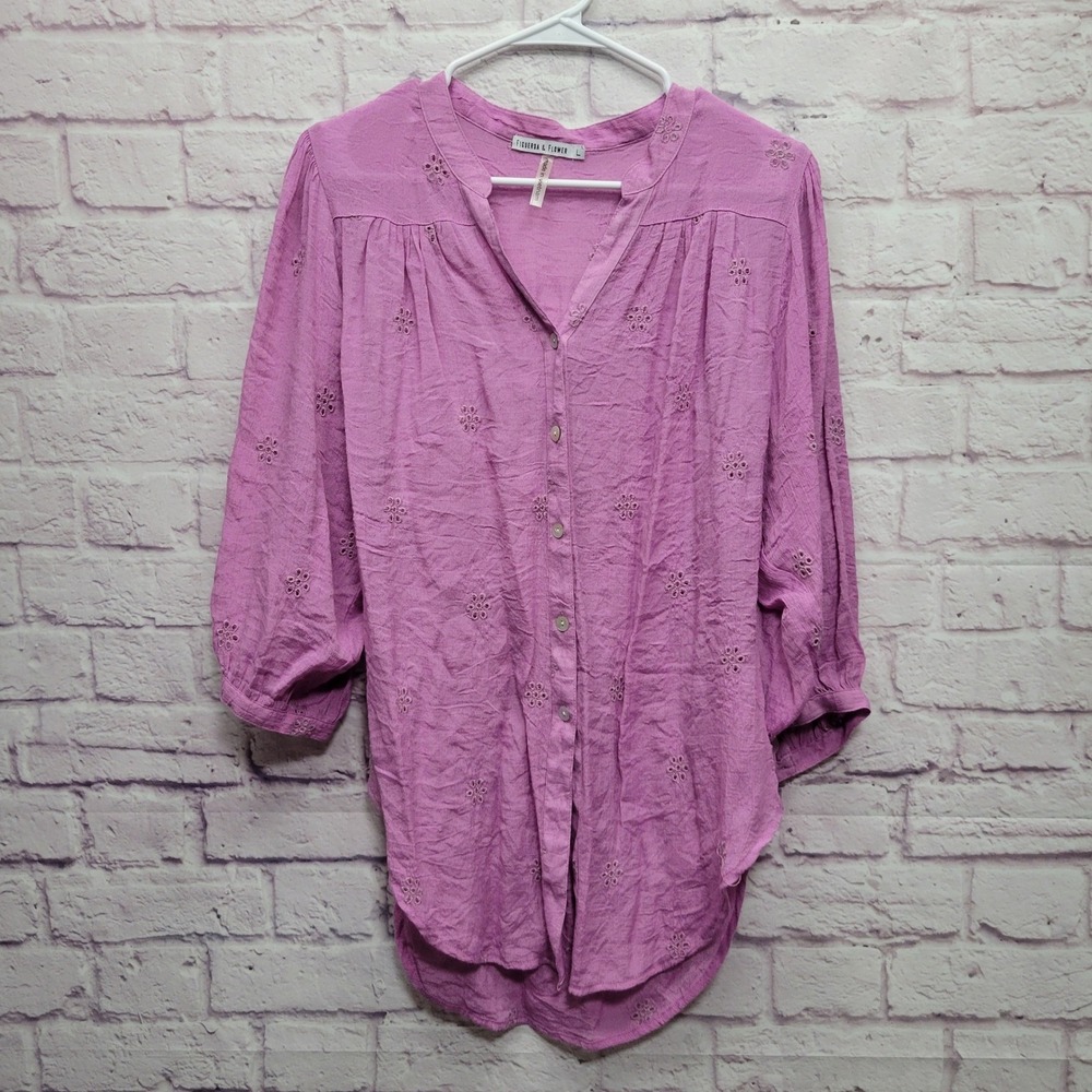 Figueroa & Flower Crepe Eyelet Blouse Sz L Half Balloon Sleeves Flowy Semi Sheer